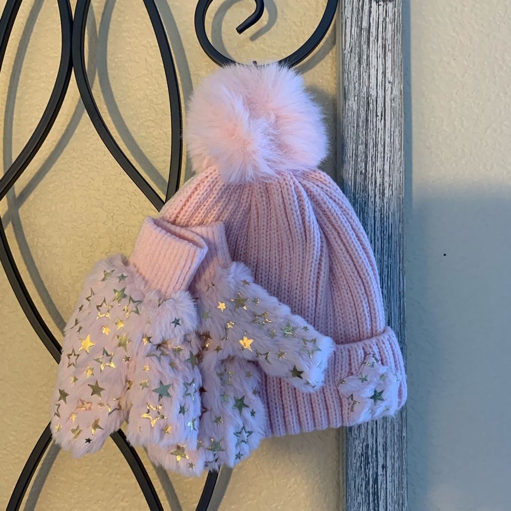 Pink Knit Hat and Star Mittens Set